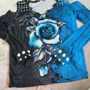 Blue & Black Floral Long-Sleeve Women’s Top